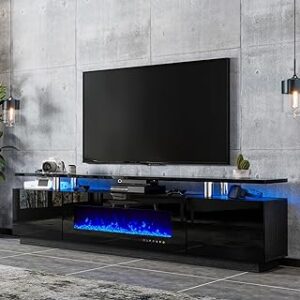 80" Fireplace TV Stand, Modern High Gloss Finish Media Console with 40" Electric Fireplace, Open Storage Entertainment Center for TVs Up to 90" with LED Lights, Black