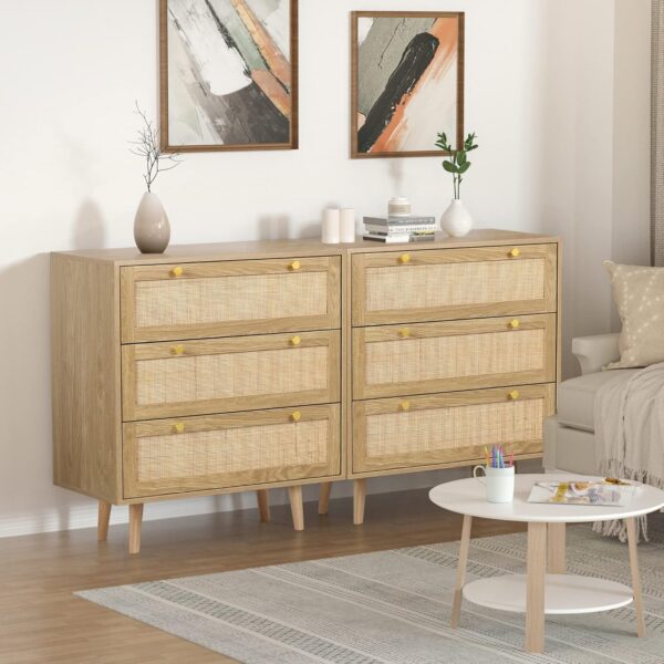 Anmytek 3 Drawer Dresser for Bedroom, Rattan Dresser Modern Wood Chest of Drawers with Spacious Storage for Bedroom Hallway Living Room, Rustic Oak, H0027 - Image 5