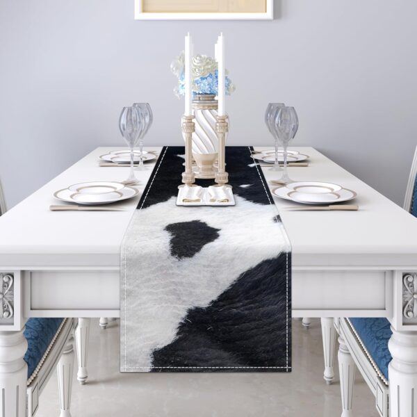 Linen Cow Print Table Runner 13x71 Inch Farmhouse Western White Black Cowhide Runners Table Decorations Rustic Coffee Table Runner for Home Kitchen Dining Room - Image 3