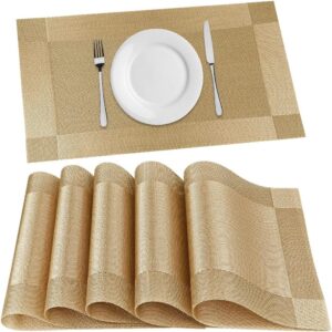 FGSAEOR Placemats Set of 6, Place Mats for Kitchen Dining Table, Heat-Resistant Anti-Skid Stain Washable PVC Table Mats, Easy to Cleaning Woven Vinyl Dinner Mats, Gold