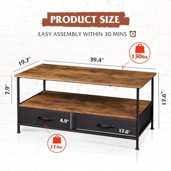 WLIVE Coffee Table, 39.4" Modern Coffee Table with Open Storage Shelf and 2 Drawers, Wood Center Table for Living Room, Rustic Brown - Image 3