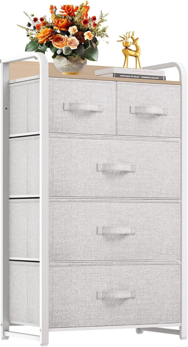 YITAHOME Fabric Dresser with 5 Drawers - Storage Tower with Large Capacity, Organizer Unit for Bedroom, Living Room & Closets - Sturdy Steel Frame, Wooden Top & Easy Pull Bins (Light Grey)