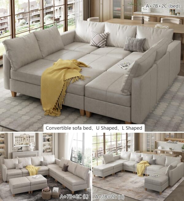 Faux Leather Modular Sectional Couch with Storage, Faux Leather Couch sectional Sofa l Shape 9 Seat Modular Sectional Sofa Couch for Living Room Whitesand - Image 5