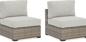 Signature Design Ashley Outdoor Calworth Resin Wicker Patio Armless Chair, 2 Count, Beige