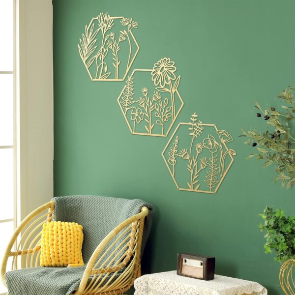 Peryiter 3 Pcs Metal Flower Wall Decor Minimalist Floral Wall Hanging Decor Flower Metal Wall Art Floral Metal Wall Decor for Living Room, Bathroom, Kitchen Indoor Outdoor (Gold) - Image 3