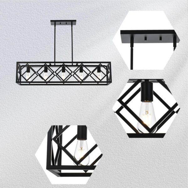 BONLICHT ‎Transitional 5 Light Farmhouse Chandelier Industrial Large Black Kitchen Island Linear Pendant Lights Modern Rectangle Dining Room Lighting Fixtures Hanging Metal Cage Ceiling Lamp for Bar - Image 7