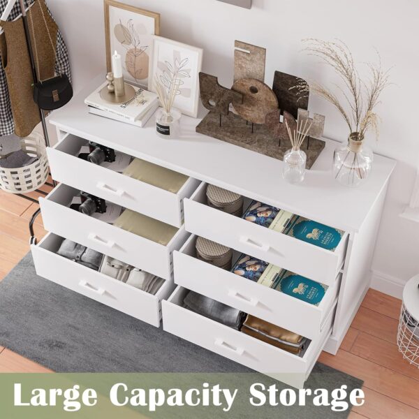 Hasuit 6 Drawer Double Dresser, Wooden Wide Chest of 6 Drawers, Large Capacity Storage Cabinet, White Dresser for Bedroom, Hallway, Entryway (White) - Image 4