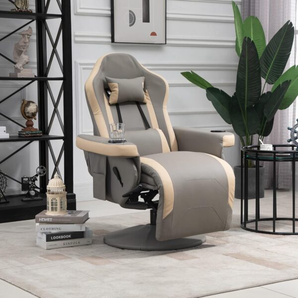 HOMCOM Manual Recliner Armchair PU Leather Lounge Chair w/Adjustable Leg Rest, 135° Reclining Function, 360° Swivel, Cup Holder and, Storage Pocket - Image 2