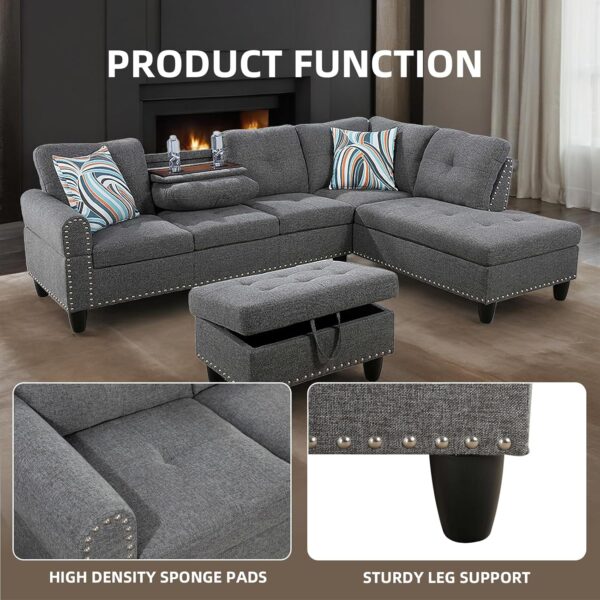 L Shaped Sofa with Ottoman Modern Sectional Couches for Living Room, Bedroom, Office, Grey-Belt Cup Holder - Image 3
