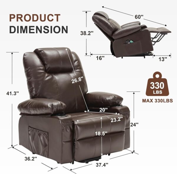 Oversized Power Lift Recliner Chair with Heat and Massage, Leather Power Recliner Chair with USB Port and Cup Holders, Big Large Recliner Chair for Seniors (Leather, Brown) - Image 3