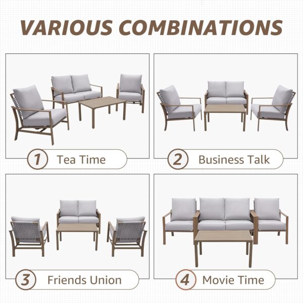 NATURAL EXPRESSIONS 4 Pieces Patio Furniture Sets,Modern Metal Outdoor Conversation Sets with High Back All Weather Hand-Woven Rope Rocking Chairs, Loveseat, Metal Table, 6" Thick Olefin Cushions - Image 7