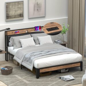 Bed Frame with Storage Headboard, Built-in Charging Station, Easy Assembly, Noise Free, Non-Slip Design, Sturdy and Stable, No Box Spring Needed, Heavy Duty Metal Support Bed Frame-QUEEN99