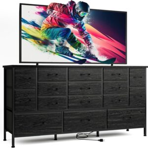 Fixwal 63.3 Inch Large Black Dresser for Bedroom, 16 Drawer Dresser, Long TV Stand for 55, 65, 70 Inch TV with Power Outlets, Fabric Chest of Drawers for Bedroom, Living Room, Entryway, Black