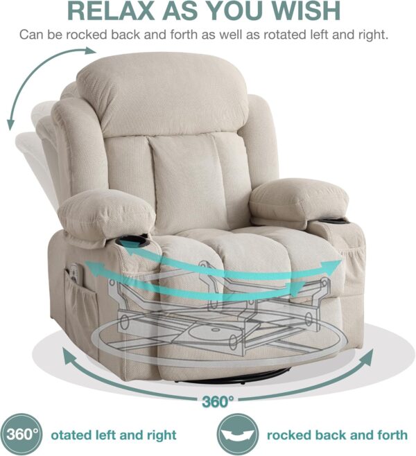 Massage Recliner Chair, Swivel and Rocking Recliner with Heat and Vibration, Breathable Fabric Ergonomic Single Sofa Chair for Living Room with Cup Holders, Side Pockets and USB - Image 7