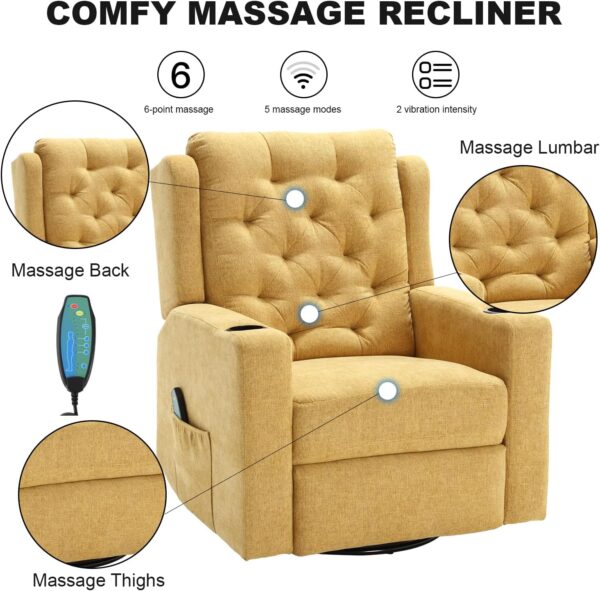 Oversized Massage Swivel Rocker Recliners Glider Chairs Wide Seat Manual Recliner Chairs with Cup Holders, Comfortable Reclining Rocking Chair for Living Room, Yellow - Image 5