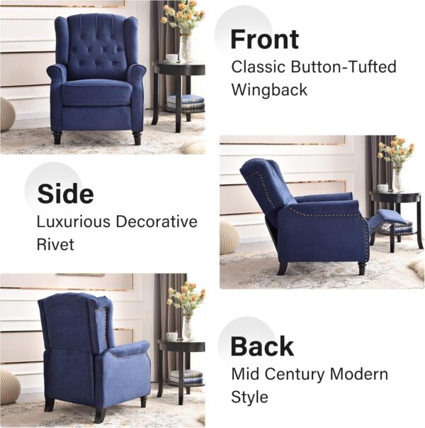 Bonzy Home Living Room Chair, Push Back Recliner Chair, Mid Century Modern Wingback Chair, Comfy Fabric Arm Chair with Rivet Decoration, Button-Tufted Back, Solid Wood Legs, Blue - Image 6