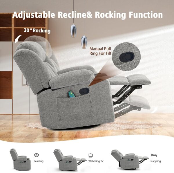 Rocker Recliner Chair for Adults, Overstuffed Large Manual Recliner Swivel Glider with Massage and Heat, Upholstered Soft Fabric Living Room Reclining Sofa Chair (Lime Gray) - Image 7