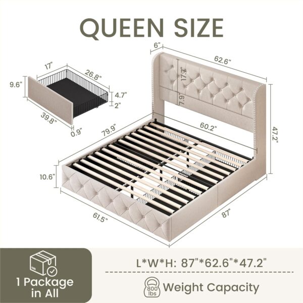 Queen Size Bed Frame with 4 Storage Drawers and Tufted Headboard Linen Upholstered Platform Bed Frame Wingback Beds with Wooden Slats Support, Easy Assembly, Beige - Image 2