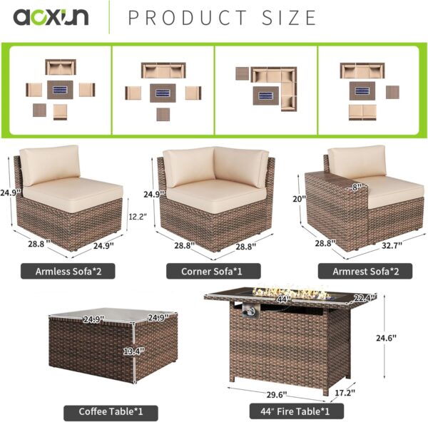 Aoxun 7 Pieces Patio Furniture Set Outdoor Wicker Rattan Furniture 44” Fire Pit Table Outdoor Sectional Sofa Include Waterproof Cover with Thickened Cushions (7 Piece, Beige) - Image 2