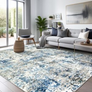 Area Rug Living Room Rugs - 6x9 Modern Abstract Large Soft Machine Washable Rug Stain Resistant Non Slip Faux Wool Low Pile Accent Carpet for Bedroom Dining Home Studio College Office - Grey/Blue