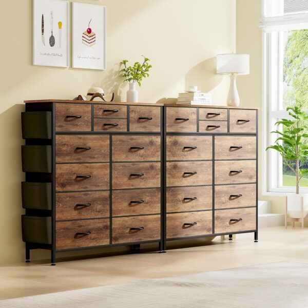 Lulive Dresser for Bedroom with 12 Drawers, Tall Dresser Chest of Drawers with Side Pockets and Hooks, Fabric Dresser Storage Tower for Closet, Hallway, Living Room (Rustic Brown) - Image 7