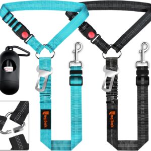 Removable Dog Seat Belt Harness for Car, 3 in 1 Pet Dog Car Seatbelt Leash, Retractable Restraint Secures to Vehicle Headrest & Adjustable Reflective Bungee Dog Seatbelt Tether with Poop Bag Holder