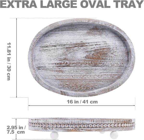 Wooden Decorative Tray-16×11.8" Oval Coffee Table Tray Kitchen Dining Table Centerpiece Decoration Holder Tray,Whitewashed Beaded Farmhouse Tray for Home Easter Thanksgiving Table Decor - Image 2