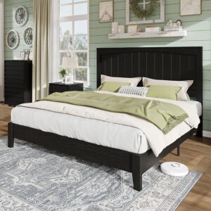 AMERLIFE Full Size 48.4" Solid Wood Bed Frame, Mid Century Modern Platform Bed with Arched Lines Headboard, No Box Spring Needed/Noise Free, Black