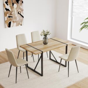 Modern Dining Table Set for 4,Rectangular Solid Wood Dining Table for 4 People,Metal Base and Legs,Suitable for Living Room,Dining Room,Kitchen（55" Dining Table+4 Beige Dining Chairs）