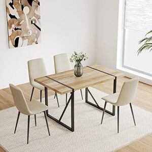 Modern Dining Table Set for 4,Rectangular Solid Wood Dining Table for 4 People,Metal Base and Legs,Suitable for Living Room,Dining Room,Kitchen（55" Dining Table+4 Beige Dining Chairs）