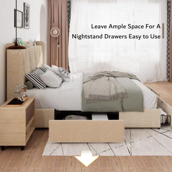 iPormis Queen Bed Frame with 4 Storage Drawers, Upholstered Platform Bed Frame with Charging Station, Modern Wingback Storage Headboard, Easy Assembly, Beige - Image 4