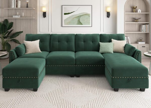 HONBAY Velvet Convertible Sectional Sofa Set U Shaped Couch with Storage Ottoman Reversible Sofa Sectional for Living Room,Black