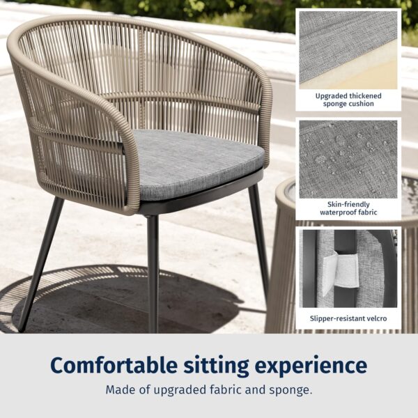 EAST OAK Breezeway 3-Piece Patio Bistro Set, Patio Chairs Bistro Set with 2 Wide Ergonomic Chairs, Cushions & Glass Top Side Table, Outdoor All-Weather Wicker Furniture for Balcony, Brown & Grey - Image 2