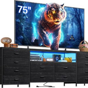 EnHomee Fits 75" TV Stand Dresser for 65 70 75 Inch TV 63"W Dresser TV Stand for Bedroom with LED Lights & Power Outlets & 12 Drawers Black Dresser for Bedroom Long Fabric Dresser Entertainment Center