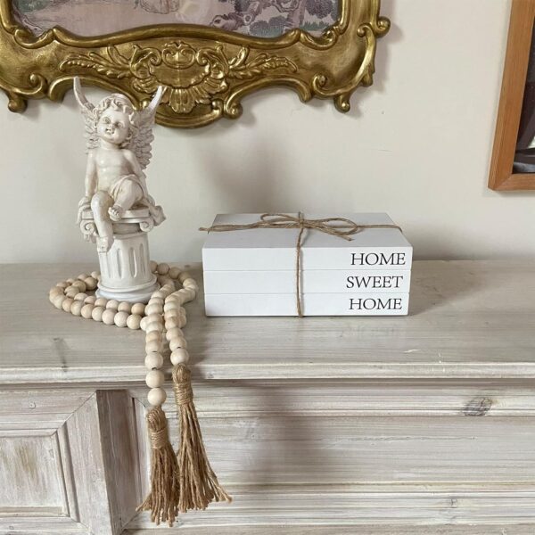 Decorative Books for Home Decor, White Faux Books for Decoration, Rustic Farmhouse Stacked Display Books with 52in Wood Bead Garland for Coffee Tables Living Room, (Home Sweet Home) - Image 5