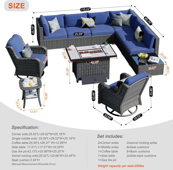 HOOOWOOO Patio Outdoor Sectional Furniture Sofa Set with Fire Pit Table,11 Piece L Shaped Wicker Couch Set with Swivel Chairs,Modern 8 Persons Summer Patio Conversation Set(Denim Blue) - Image 7
