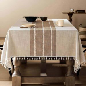 ZeeMart Rustic Cotton Linen Table Cloth Rectangle Table Cloths 60x84 Inch Brown, Farmhouse Style Heavy Weight Contrast Neutral Tablecloth, Water Resistant Burlap Tablecloths