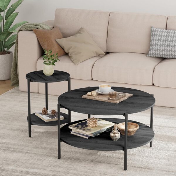 Round Coffee Table for Living Room, 31" Circle Coffee Table with Open Storage Shelf, 2-Tier Farmhouse Round Wood Center Table for Bedroom, Home Office(Wood Grey) - Image 6