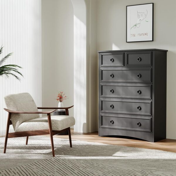 Modern 6 Drawer Dresser with Led Lights, Dressers for Bedroom, Tall Chest of Drawers Closet Organizers & Storage Clothes - Easy Pull Handle, Textured Borders Living Room, Hallway, Dark Rustic Oak - Image 2