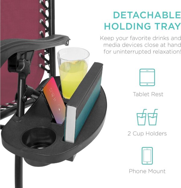 Best Choice Products Set of 2 Adjustable Steel Mesh Zero Gravity Lounge Chair Recliners w/Pillows and Cup Holder Trays - Burgundy - Image 5