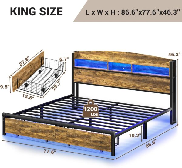 Queen Bed Frame with RGB LED Light Headboard, USB-C/A Charging Station, Metal Platform Bed with Storage Drawers, No Box-Spring Needed, Vintage Brown & Black - Image 2