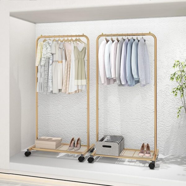Simple Trending Standard Clothes Garment Rack, Clothing Rolling Rack with Mesh Storage Shelf on Wheels, Golden Yellow - Image 7