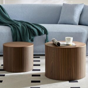 Round Nesting Coffee Table Set of 2,Modern Fluted Drum Small Coffee Table with Storage,Luxury Natural Walnut Side Table,Unique Circle Center Table for Living Room,Walnut