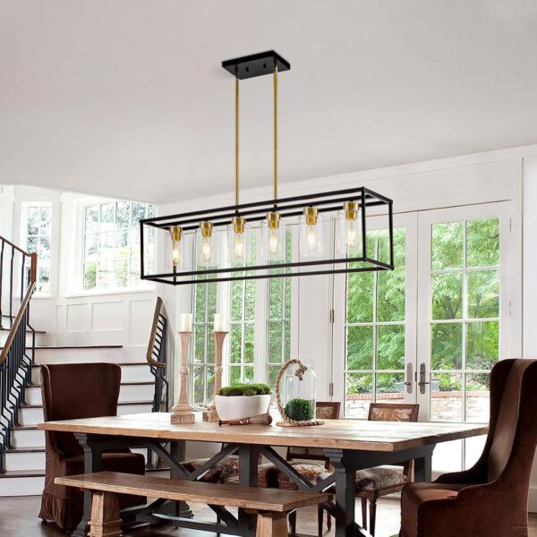 6 Lights Modern Dining Room Light Fixtures Over Table Black & Brushed Brass Gold Farmhouse Chandelier Rectangular Pendent Lighting for Kitchen with Glass Shade Long Linear Industry Hanging Light - Image 2
