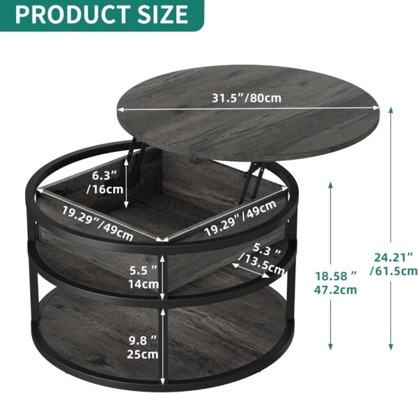 DWVO Round Coffee Tables for Living Room,Lift Top Coffee Table with Storage, Farmhouse Wood Coffee Table,Circle Coffee Tables Living Room for Home Office,Grey - Image 2