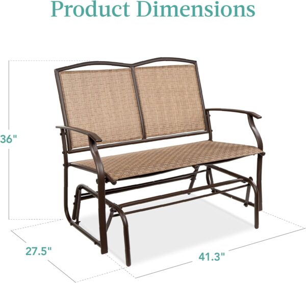 Best Choice Products 2-Person Outdoor Patio Swing Glider Steel Bench Loveseat Rocker for Deck, Porch w/Textilene Fabric, Steel Frame - Brown - Image 3