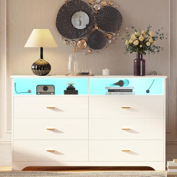 LIKIMIO 6 Drawer 59" White Dresser with LED and Power Strip, Dressers & Chests of Drawers with Storage Cabinet for Bedroom