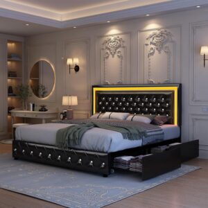 Queen led Bed Frame, Bed with Storage Drawers, No Box Spring Needed, 900 lbs Capacity, Easy Assembly, PU White