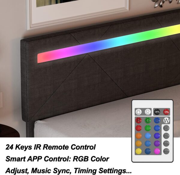 LIKIMIO Full Bed Frame with LED Lights(Smart APP Control), Upholstered Modern Platform Bed Frame, No Box Spring Needed/Noise-Free/Easy Assembly, Dark Grey - Image 4