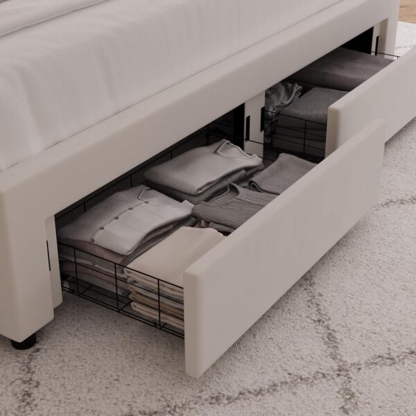 HITHOS Full Upholstered LED Bed Frame with 2 Storage Drawers, Velvet Platform Bed with Wingback Headboard, Solid Wooden Slats Support, No Box Spring Needed, Headboard Splicing Design, Beige - Image 6